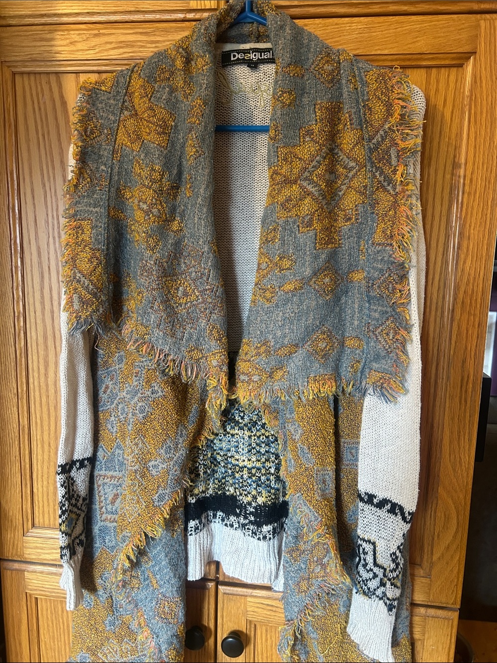 Desigual Gray & Mustard Fringe Open-Front Cardigan